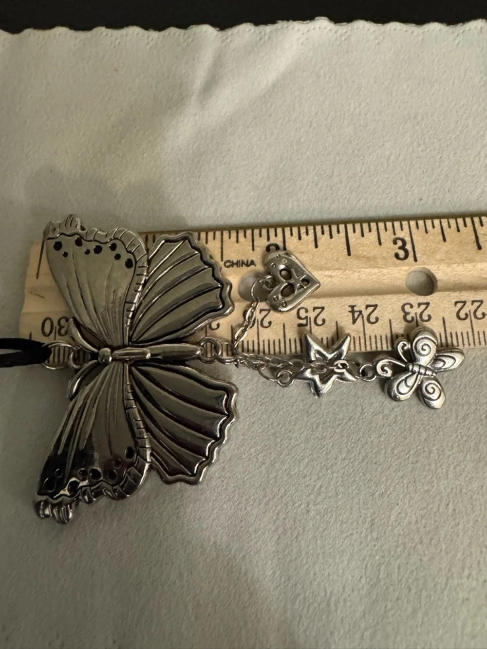 Double-Sided Butterfly Pendant Necklace with Charm Drops - Silver Tone